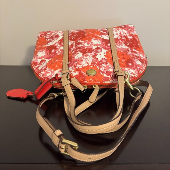 Coach Peyton Cora Pink Orange White Tan Leather Floral Dome Satchel - Picture 5 of 11